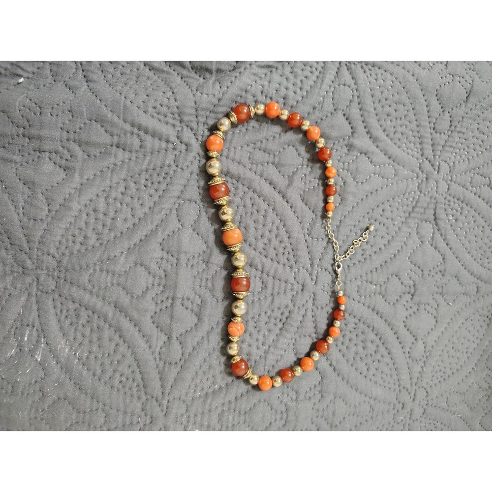Boho Orange Terracotta Beaded Necklace Gold To Accents Adjustable Chain 18-20in